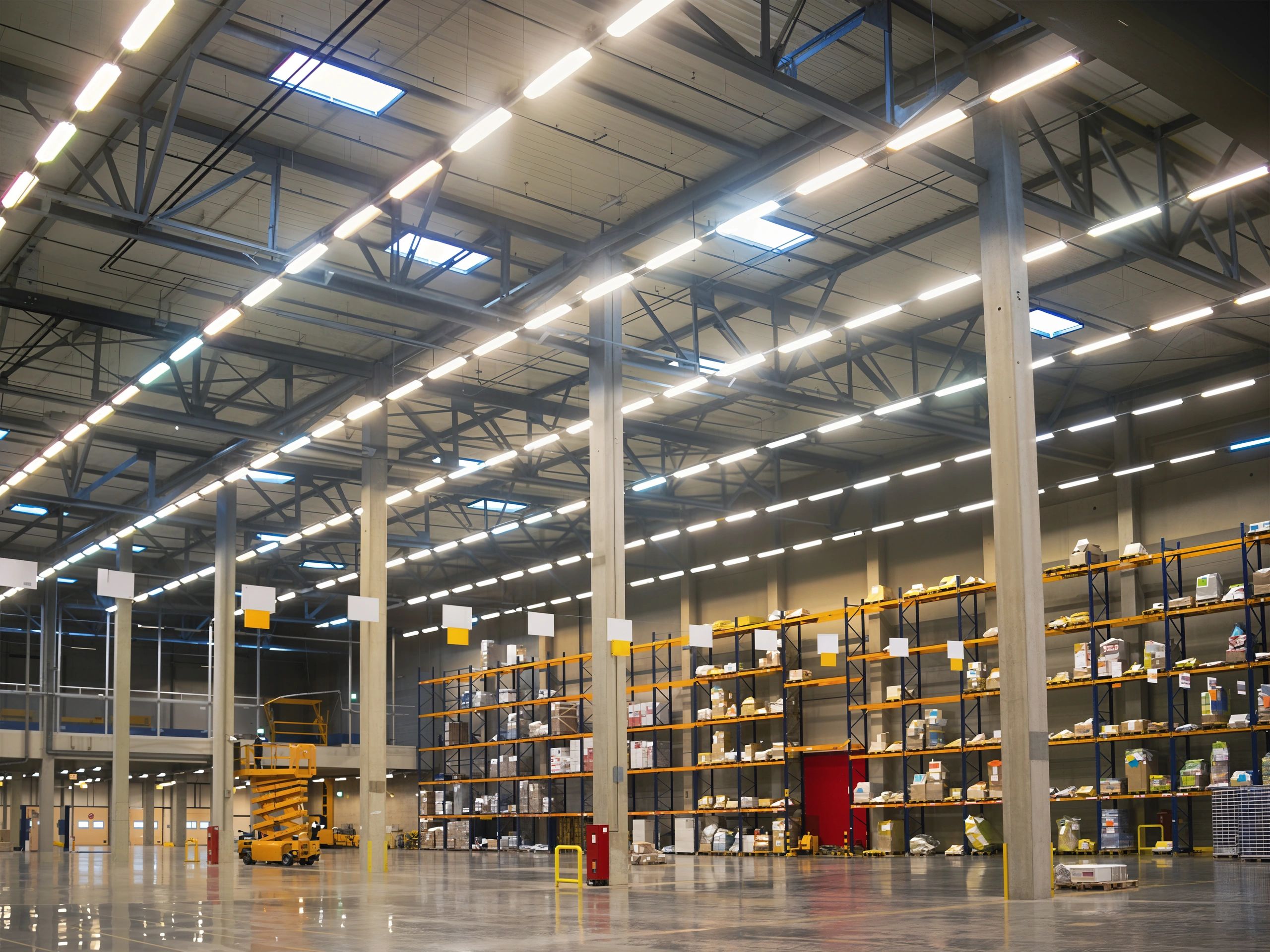 Modern warehouse interior with shelves and stored products